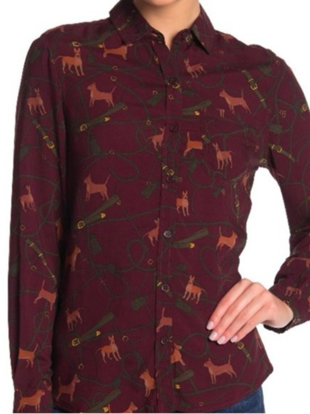 BeachLunchLounge Alana dog print Burgundy Button-Up Shirt large